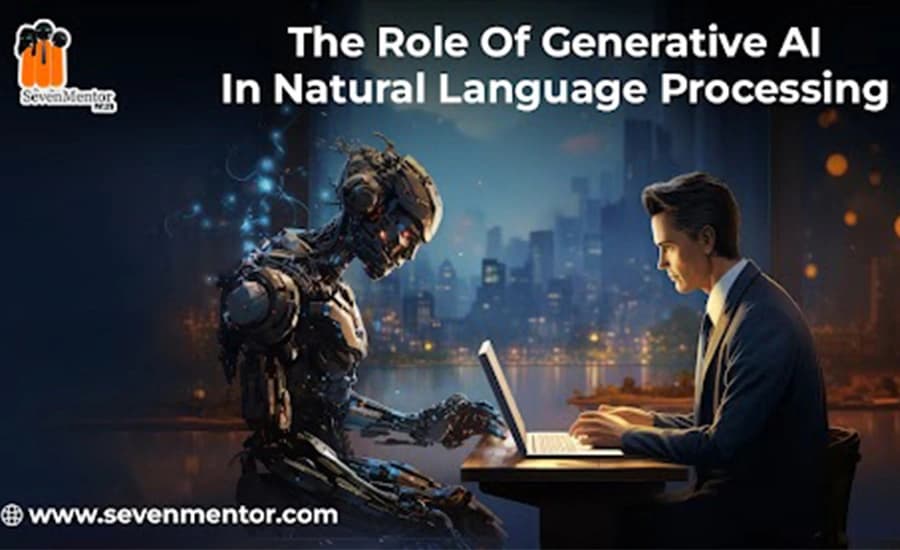 Visual representation of generative AI's role in natural language processing, highlighting text generation and machine learning techniques.