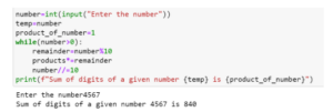 Q. Write a Python program to calculate product of digits of a number.