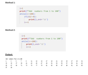 Q. Write a Python program to print all odd numbers between 1 to 100 using
while loop.
